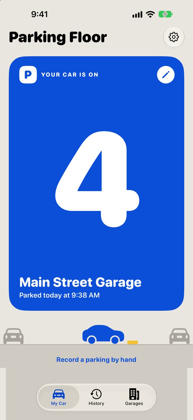 The app showing a parked car: your car is on floor 4 at Main Street Garage, parked today at 9:38 AM, measured 3 levels up from the street, 9.6 metres, with your blue car parked on the deck and Found it and Wrong floor buttons.